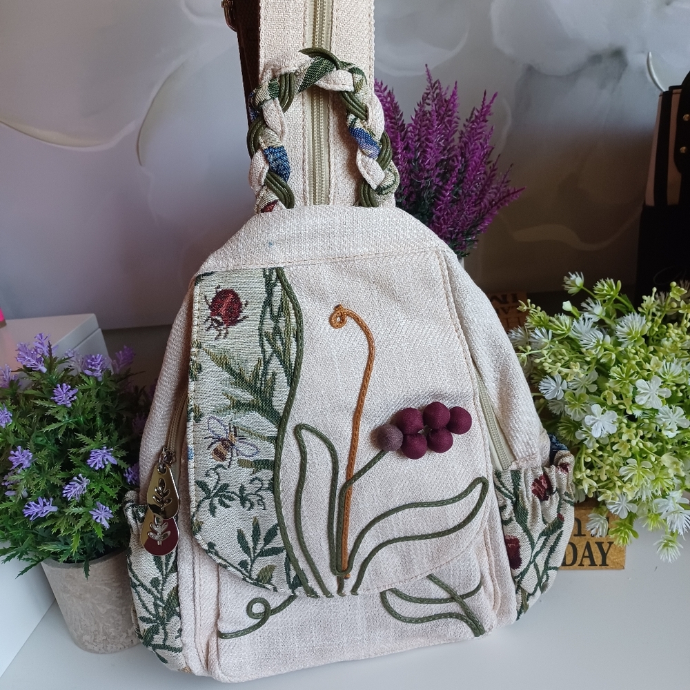 Embroidered Bohemian Backpack | Purple Grapes & Floral | Dual Carry Bag